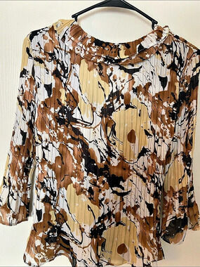 Laura Max Abstract Pleated Blouse Brown & White Medium Like New